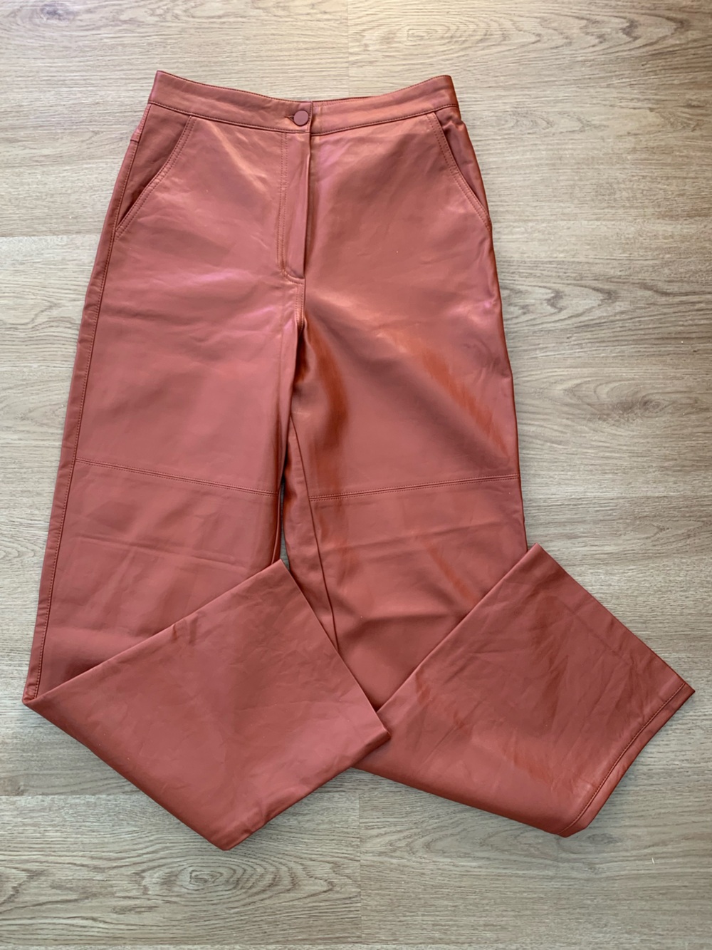 Oak + Fort Brown Faux Leather Pant High Rise Slim Straight Full length Cognac 4